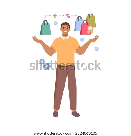 Man investigating purchase decision process, consumer behavior research. Vector marketing and competitor strategy, man choosing product to buy. Guy with shopping bags, sales research habit