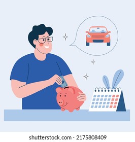 Man investing a banknote into a piggy bank and dreams of a car. Saving and investing money concept. Vector flat style illustration