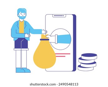 Man investing money in online apps on phone, income strategy. Character design. Vector flat illustration