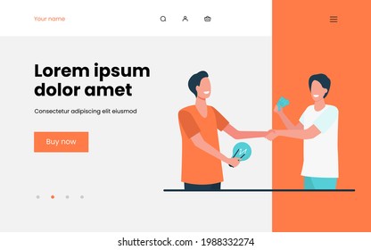 Man investing money in startup. Partners, lightbulb, cash, handshake flat vector illustration. Business idea, investment concept for banner, website design or landing web page