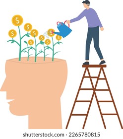 man investing in self, Self improvement, management or growth mindset, motivation to grow and achieve career success, learning new skill or knowledge concept, man watering plant growing from his self 