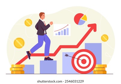 Homem com fundo de investimento. Jovem quase crescendo o gráfico. Comerciante e investidor, empresário. Literacia financeira e rendimento passivo. Ilustração de vetor plano isolada no plano de fundo branco