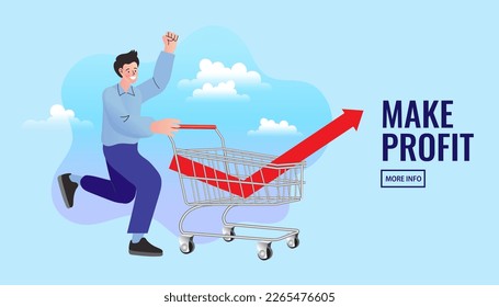 Man investor buy stock with graph in shopping cart. trader signal to invest, make profit from market collapse. purchase stock. arrow depicts an increase in sales figures. Flat vector illustration.