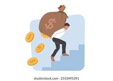 Man investor loser loses money due to inflation, climbs stairs with curly bag money. Investors experience stress because of expenses on way to accumulating wealth or achieving financial independence