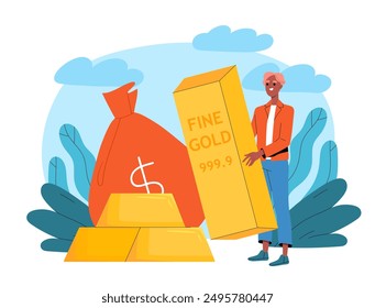 El hombre invierte en oro. Joven con Grandes barras de oro cerca de una bolsa de dinero. Inversor y operador exitoso. Alfabetización financiera e ingresos pasivos. Ilustración vectorial plana aislada sobre fondo blanco