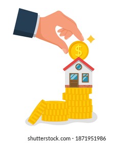 Man invests money in the house. Home is like a piggy bank. Vector illustration flat design. Isolated on white background. Coin in hand for the purchase of real estate. Construction financing.