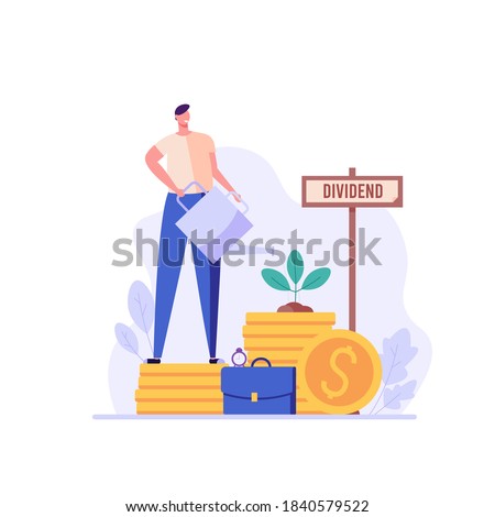 Man invests in share, receive dividends. Concept of return on investment, financial solutions, passive income, equity stake. Vector illustration in flat design for web banner, landing page