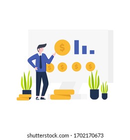 Man invests in stocks and assets, vector illustration, suitable for landing page, ui, website, mobile app, editorial, poster, flyer, article, and banner