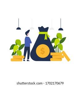 El hombre invierte en acciones y activos, ilustración vectorial, adecuada para la página de inicio, ui, sitio web, aplicación móvil, editorial, afiche, volante, artículo y bannerd