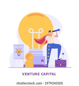 Man invests in venture capital. Businessman investing in success startup. Concept of return on investment, business idea, passive income, startup, crowdfunding. Vector illustration in flat design