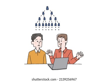 A man invited to a mouse lecture, a comical handwritten person, a vector, a color on a line drawing
