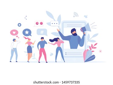 Man Inviting People Join Social Networks Metaphor Poster. Male Character with Megaphone on Mobile Screen Advertising Media Community Group. People Queue Talking Phones. Vector Flat Illustration