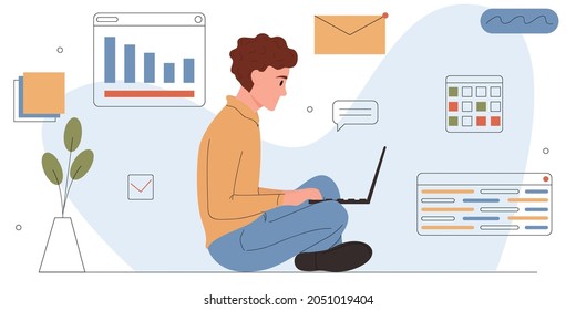 Man Involved In Software Or Web Development.Young Freelancer Programmer Is Working On A Laptop.IT Specialist Character Creates An Encoding, Software Or Application.Flat Vector Illustration