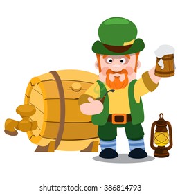Man in the Irish pub. St. Patrick with a mug of foamy beer. The festive character in cartoon style. Congratulations to the St. Patrick's Day.