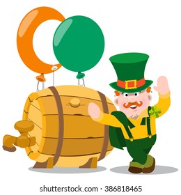 Man in the Irish pub. St. Patrick with a mug of foamy beer. The festive character in cartoon style. Congratulations to the St. Patrick's Day.