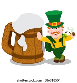Man in the Irish pub. St. Patrick's and a huge mug of foamy beer. The festive character in cartoon style. Congratulations to the St. Patrick's Day.