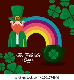 man irish with rainbow and leprechaun cauldron st patrick day
