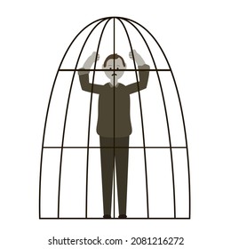 A man in an iron cage. Vector illustration of emotional burnout, difficult life situation, hopelessness, not freedom.