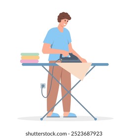 Man with iron and ironing board. Male character doing housework. Young man ironing. Vector illustration on white background.