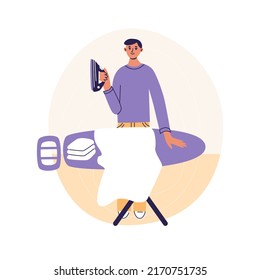 Man ironing in board and folding clothes at home. House husband doing daily routine home work. Flat cartoon vector illustrtion, trendy colors, isolated on white background.