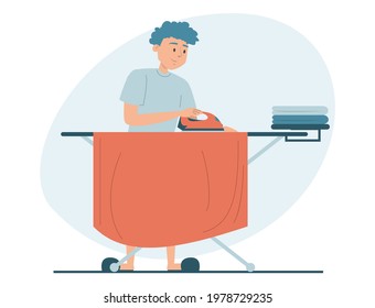 Man Ironing Clean Clothes Vector Isolated. Illustration Of Adult Male Character Doing Domestic Routine. Male Character Holding Iron.