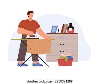 Man ironing clothes after laundry. Housekeeper or husband doing housework and household chores, flat cartoon vector illustration isolated on white background.