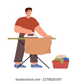 Man ironing clothes, flat vector illustration isolated on white background. Concept of household chores. Character using iron on board after laundry.