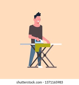 man ironing clothes guy holding iron doing housework housekeeping concept male cartoon character full length flat gray background