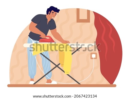 Man ironing clothes with iron, flat vector illustration. Housework, household chores, housekeeping, everyday routine.