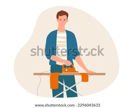 Man ironing clothes. Young guy doing household chores, housework, routine and laundry. Character with iron electric appliance standing in clothes. Cartoon flat vector illustration