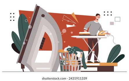 Man ironing concept. Character doing housework and routine. Young guy near ironing board. Housekeeper with daily chores. Cartoon flat vector illustration isolated on white background