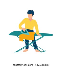 Man ironing his t-short on board. Flat vector illustration isolated on white background.