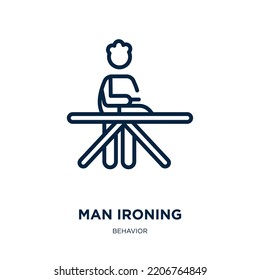 Man Ironing Icon From Behavior Collection. Thin Linear Man Ironing, Iron, Man Outline Icon Isolated On White Background. Line Vector Man Ironing Sign, Symbol For Web And Mobile