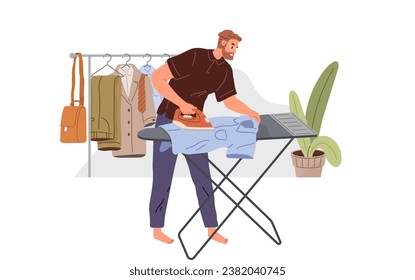 Man ironing t-shirt in board isolated character. Vector husband doing housework household chores, housekeeping, person with iron electric appliance standing in casual cloth. Routine home work, laundry