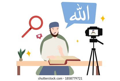 Man Islam scholar teach love spirituality thick book holy quran on camera video streaming recording with flat cartoon style