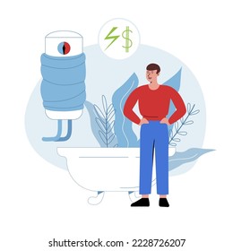 Man isolate water tank in bathroom. Ecological awareness. Reduce electricity consumption concept. Vector design.