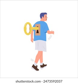 Man isolated cartoon character walking with key and hole on back, people manipulation concept