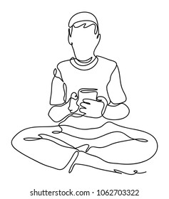 Man isolated on white background, looking agitated at display of her smartphone. Continuous line drawing. Vector monochrome, drawing by lines.