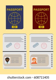 Man isolated open passport. Woman isolated open passport