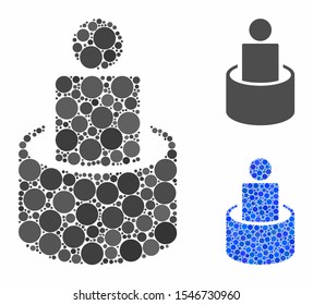 Man isolation mosaic of spheric dots in various sizes and shades, based on man isolation icon. Vector round dots are united into blue mosaic. Dotted man isolation icon in usual and blue versions.