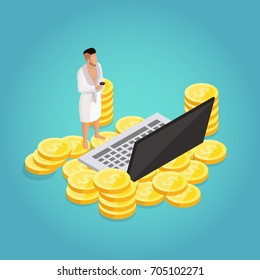 A man in an isometric freelancer is standing in a robe and drinking coffee. A man at home earns money remotely via a computer. Vector illustration