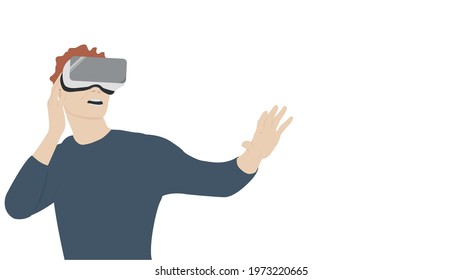 Man with isometric virtual reality headset. Isolated on white background. Modern style. Vector flat design illustration. Horizontal layout with text space on the right side. 