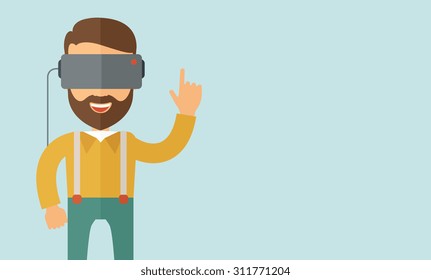 A man with isometric virtual reality headset. A Contemporary style with pastel palette, soft blue tinted background. Vector flat design illustration. Horizontal layout with text space in right side.