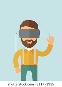 A man with isometric virtual reality headset. Vector flat design illustration. Vertical layout with text space on top part.