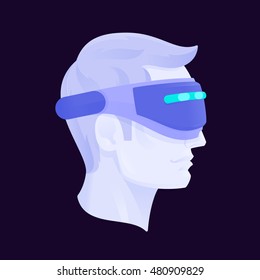 A man with isometric virtual reality headset. Side view. Vector flat design illustration.