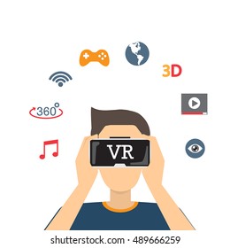 A man with isometric virtual reality headset. present ability of vr technology. Vector flat design illustration.