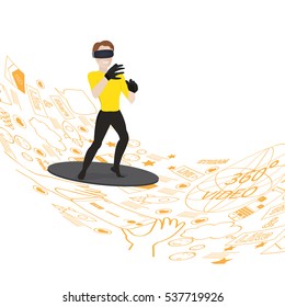 A man with isometric virtual reality headset. VR gaming. Man playing using vr headset. Vector flat illustration.