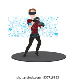 A man with isometric virtual reality headset. VR gaming. Man playing using vr headset. Vector flat illustration.