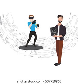 A man with isometric virtual reality headset. VR gaming. Man playing using vr headset. Vector flat illustration.
