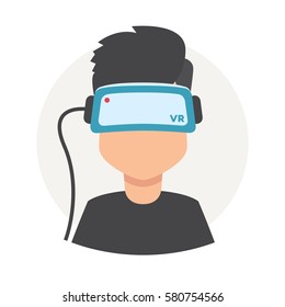 A man with isometric virtual reality headset. Vector flat design illustration. Display 3d: chat, call, ok, search, meeting point, send email ...